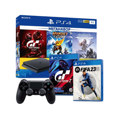 PlayStation 4 (1 ТБ) с 3 хитами и подпиской: Gran Turismo Sport, Ratchet and Clank, Horizon Zero Dawn Complete Edition + FIFA 23 + Gran Turismo 7 + Джойстик