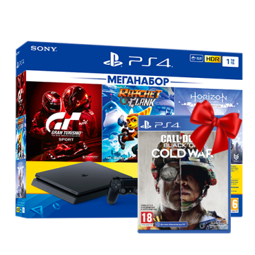 PlayStation 4 (1 ТБ) с 3 хитами и подпиской: Gran Turismo Sport, Ratchet and Clank, Horizon Zero Dawn Complete Edition + Call of Duty: Black Ops Cold War